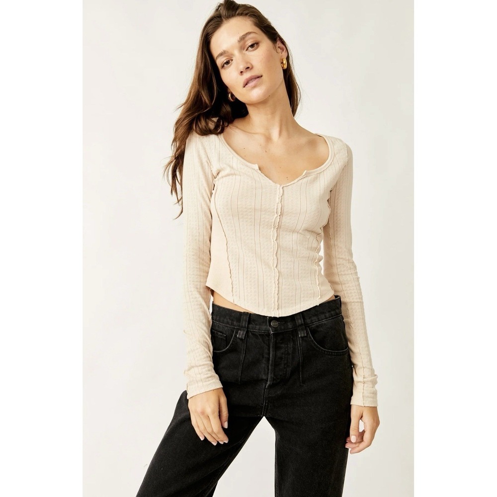 Free People We The Free Eyes On You Top‎ Cream Ribbed Long Sleeve Size M Medium